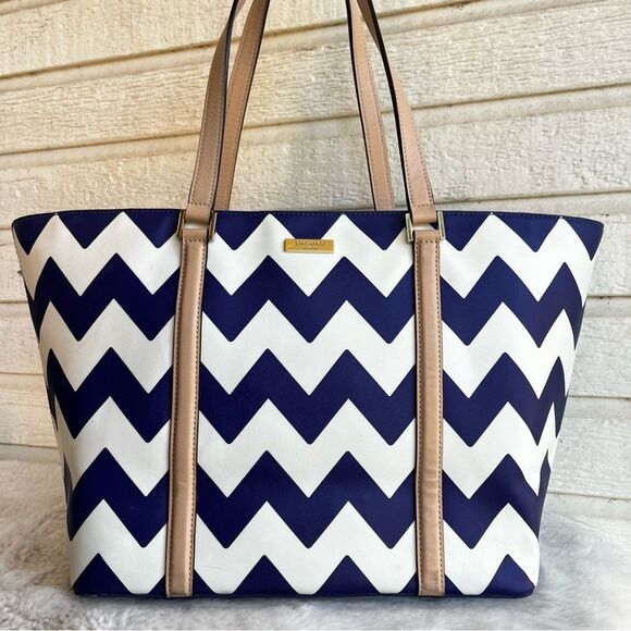 KATE SPADE Blue White Chevron Stripe XL Laptop Work Wellesley Leila Tote Bag - Picture 1 of 14